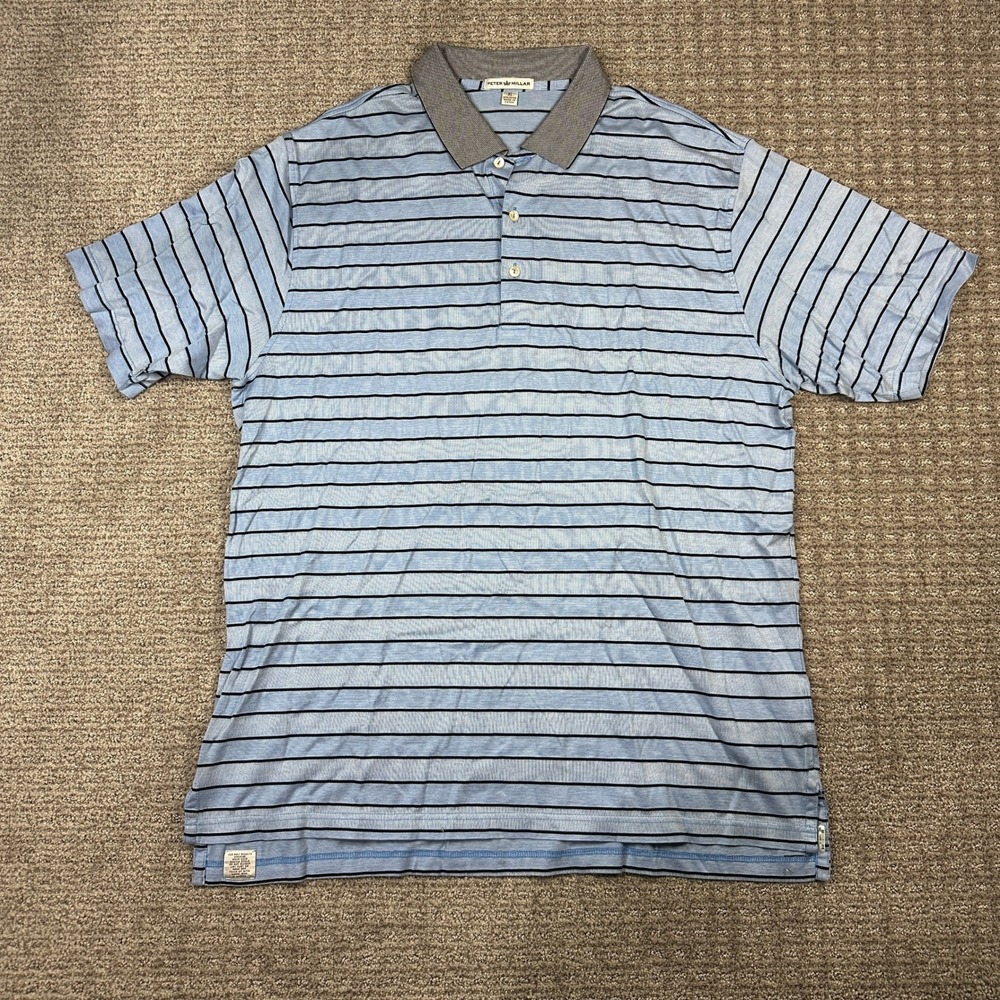Peter Millar Mens XL Blue Striped Short Sleeve 100% Cotton Polo Shirt